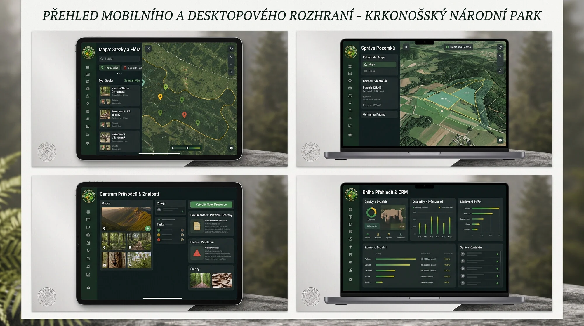 Mapa stezek, správa pozemků, centrum průvodců, CRM