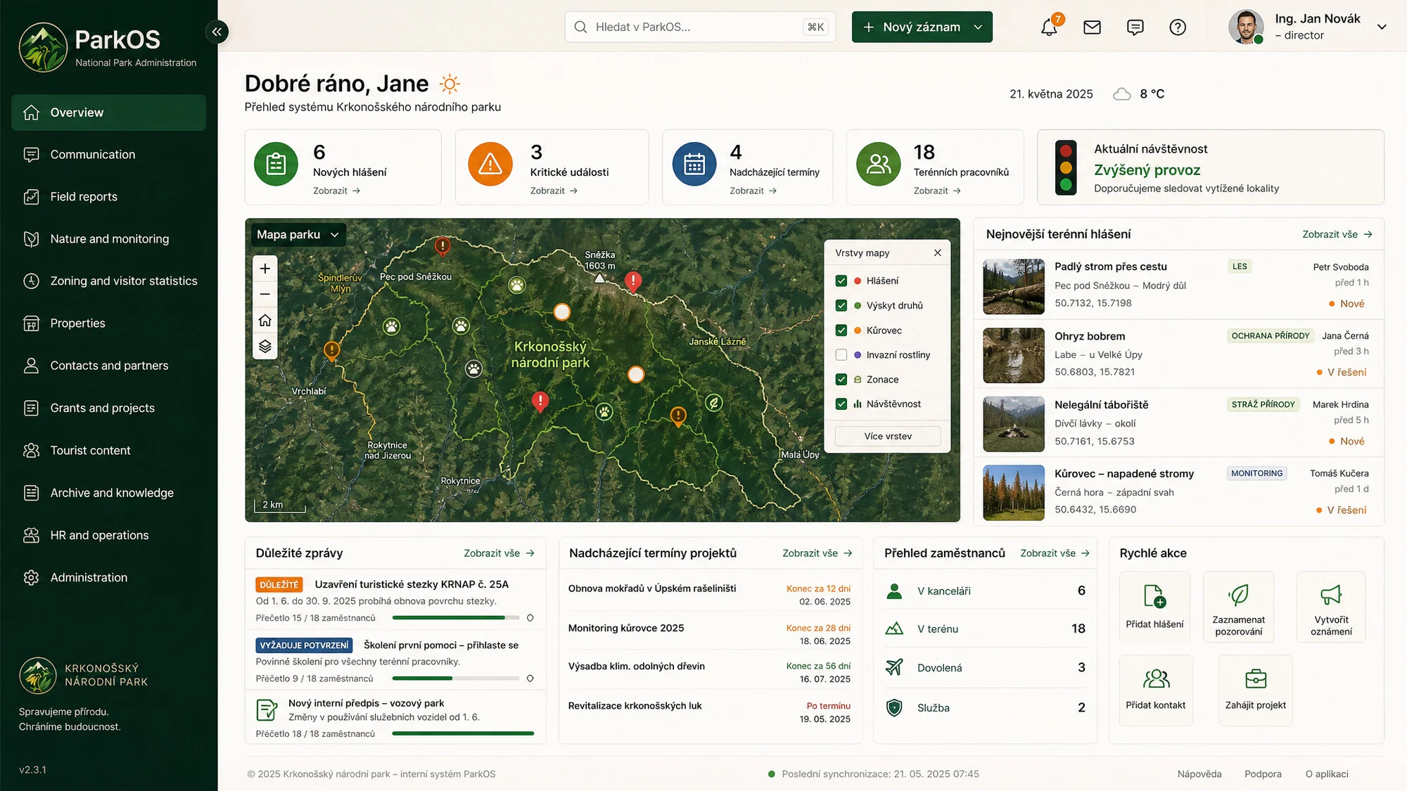 Přehled parku, mapa hlášení, nadcházející termíny